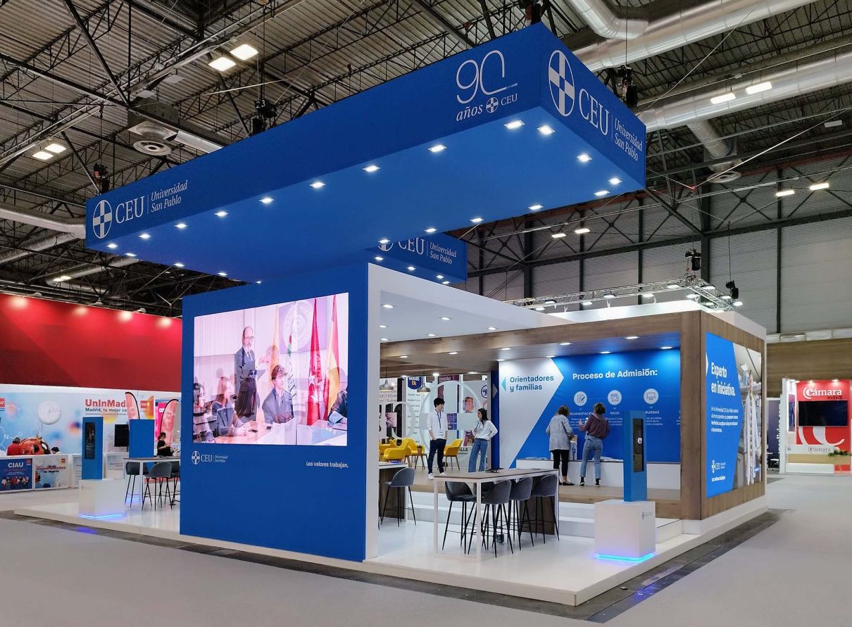 Modern exhibition stand with LED screen and corporate design built by PG Exhibition Stands in Madrid
